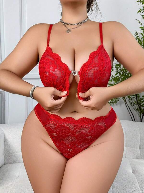 Set de 2 piezas de lencería sexy de encaje rojo talla grande para mujer con forma de corazón y adornos de strass