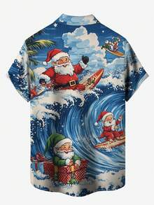 Men's Plus Size Christmas Santa Claus Printed Casual Vacation Outdoor Holiday Surfing Art Pattern 3D Digital Print Lapel Pocket Short Sleeve Shirt
