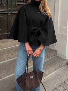 Women's Solid Color Front Button Tie Waist Woolen Cloak, Casual & Date Wear, Autumn/Winter Overcoat