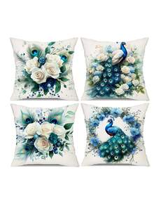 4 件套孔雀图案涤纶毛绒靠垫套，畅销热销商品