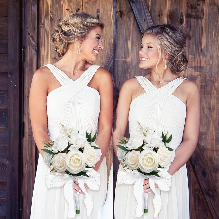 1 Bouquet Wedding Bouquets For Bride Bridesmaid Artificial Roses Flowers Bridal Bouquet For Rustic French Vintage Formal Wedding Home Decoration 11.41in,Party Birthday,Valentine'S Day,Mother'S Day Gift - Sữa trắng - Xem 1