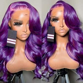 13x4 Purple Body Wave Lace Front Wigs Natural Wave Synthetic Wigs Long Wave Lace Front Wig Pre Plucked Glueless Transparent Lace Frontal Purple Body Wave Wigs For Women Girls Party Daily Wear 28Inch