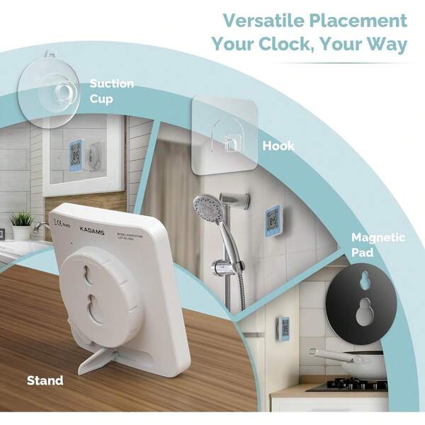 KADAMS Shower Clock Waterproof Bathroom Timer – Digital Wall Clock With Countdown, Magnetic Kitchen Clock With Temperature & Humidity, Suction Cup For Kids Shower Spa Sauna Cook Bath, Blue