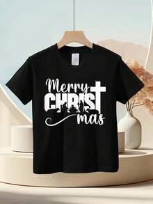 Kids' Christian Christmas T-Shirt With Merry Christ Mas Lettering & Jesus Cross Design - Soft Cotton Short Sleeve Round Neck Casual Church Outfit, Comfortable Holiday Apparel For & Girls, Easter & Christmas Celebration, Geometric Pattern With Nativity Scene (Sheep, Donkey, Lamb) - Easy-Care Hand Washable, Spring/Summer/Fall Wear, Festive Family Matching Outfits Available - Black - View 6