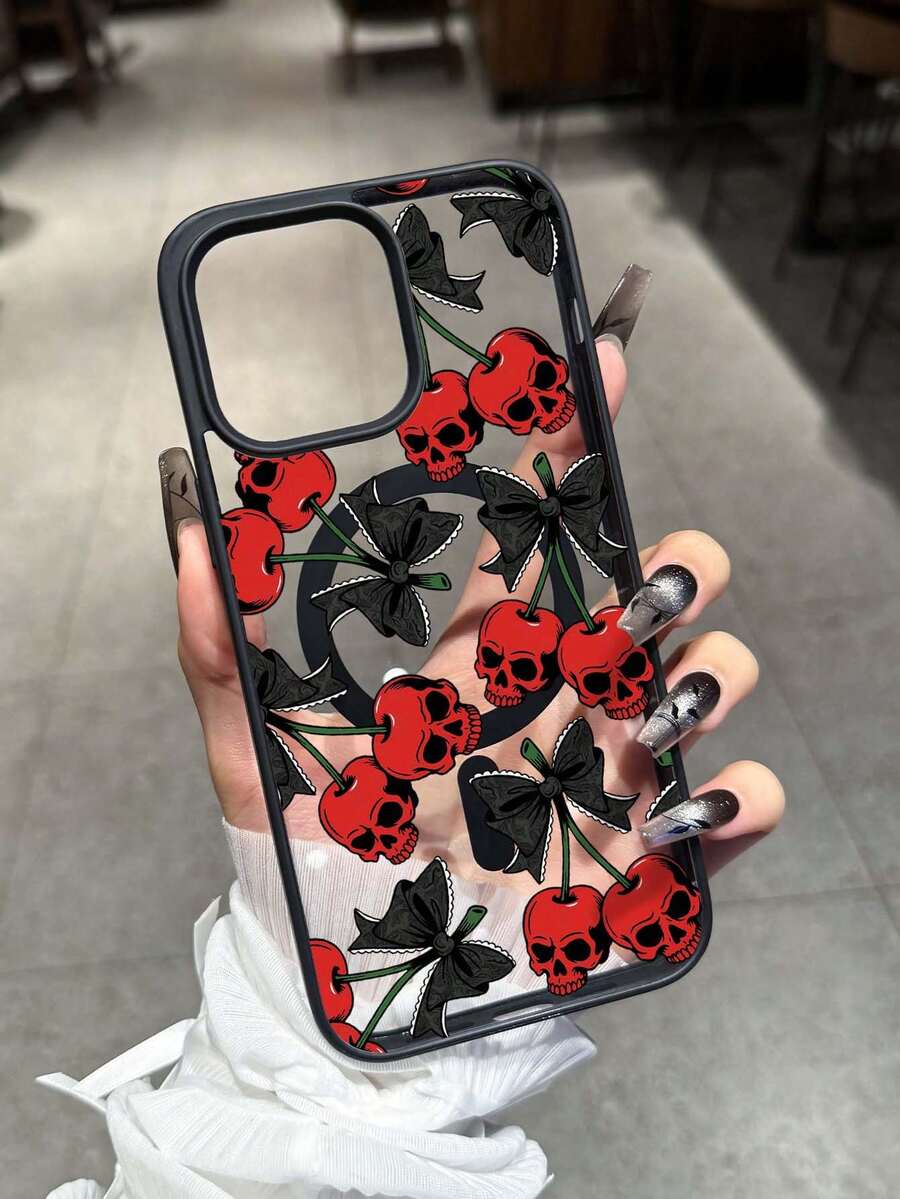 黑色蕾丝蝴蝶结骷髅樱桃印花图案磁吸指环手机壳适用于 16 Pro Max、14/13、12、11 Pro Max、XS Max、X、XR、8、7、Plus、Mini，适合作为生日礼物、女朋友、男朋友或自用 - 彩色 - 查看 1