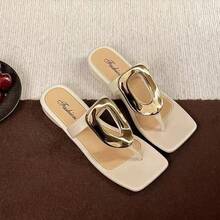 厚底拖鞋凉鞋，夏季金属扣人字拖凉鞋，时尚方头镂空百搭金属扣露趾人字拖，复古别致人字拖凉鞋，法式低跟女士拖鞋 - 米色 - 查看 10