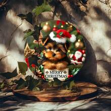 Chiot de Noël avec chapeau de Père Noël, panneau métallique rond de 8x8 pouces, décoration murale pour bar, café, club - impression plate sur métal - décoration festive de Noël - cadeau parfait pour les amateurs de Noël et les passionnés de décoration d'intérieur