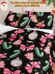3pcs Hand-Painted Black Background Pink Bow Christmas Tree Digital Print Duvet Set (1 Piece Duvet Cover 2 Pieces Pillowcase Without Core) Polyester Fiber Super Soft Skin-Friendly Bedding Set Christmas Decorations Suitable For Various Bed Sizes Ideal For Gifting - Multicolor - View 5