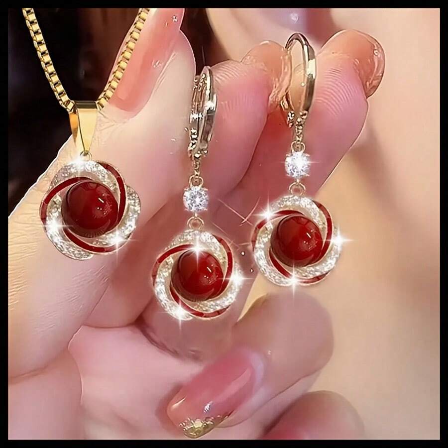 3Pcs Elegant Fashion Necklace Earrings Jewelry Set For Gift - Đỏ - Xem 1