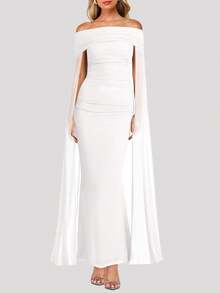 SEBOWEL Off The Shoulder With Mesh Cloak Cape Solid Slim Dress Women Elegant Ruched Bodycon Evening Club Party Cocktail Wedding Formal Dresses Robe - trắng - Xem 1