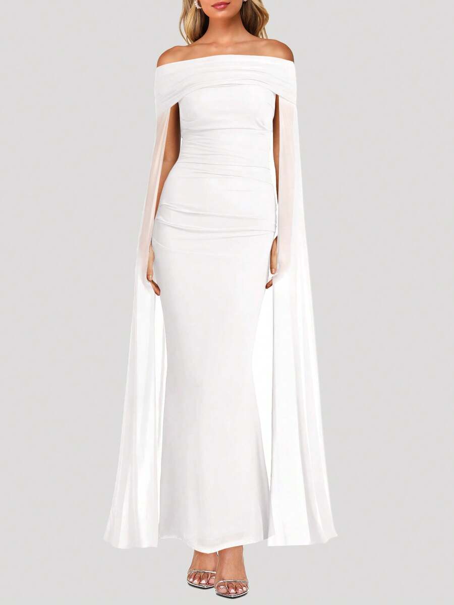 SEBOWEL Off The Shoulder With Mesh Cloak Cape Solid Slim Dress Women Elegant Ruched Bodycon Evening Club Party Cocktail Wedding Formal Dresses Robe - trắng - Xem 1