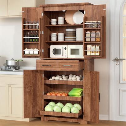 K&K 72" Farmhouse Kitchen Pantry Cabinet With 3 Pull Out Cabinet Organizers, Freestanding Cupboard Storage Cabinet With 2 Drawer, 2 Cabinets, 4 Adjustable Shelves, 6 Door Shelves For Kitchen, Dining Room, Living Room, Brown Embossed Texture