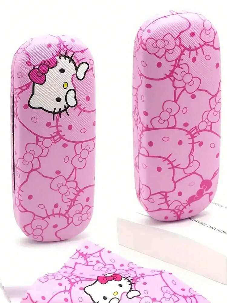 1pc Sanrio Hello Kitty Pink Eyeglass Case - Cute Cat Print, Faux Leather, Durable & Portable Eyewear Storage Box, Includes Cleaning Cloth, Suitable For Eyeglasses, Holiday, Birthday, Christmas Gifts - Multicolor - View 5