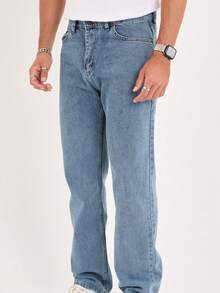 Men's Solid Color Pocket Casual Straight-Leg Jeans - Blue - View 6