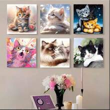 1/6pcs New 5D DIY Diamond Painting Kit, Cat Theme Pattern, Full Round Diamond Painting Canvas Art Craft, Living Room Bedroom Study, Halloween Christmas Gift, Home Decor Wall Art, Frameless