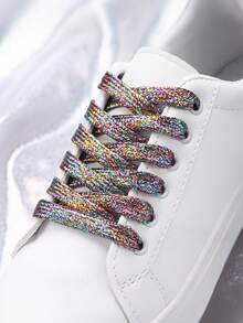 1 Pair Unisex Shiny Iridescent 120cm Flat Double-Layer Shoelaces, Suitable For Sports Shoes, Casual Shoes, Canvas Shoes, In White, Black, Rainbow Colors