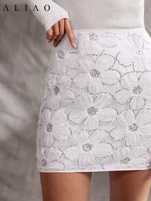Aliao Elegant 3D Flower Sequin Tulle Short Skirt, Wedding Guest Skirt Women, Fairy Skirt, Wedding Season, Valentine's Day Outfit, Autumn Winter, White Party Event, Old Money Style, Court Style, Eye-Catching Outfits, Elegant Everyday, Halloween, Sequin Skirt, Party Dresses