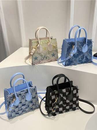 새로운 컬러블록 체크무늬 프린지 캐주얼 어깨/크로스바디/토트백, 여성용 다용도 손잡이 작은 사각 가방, 봄/여름