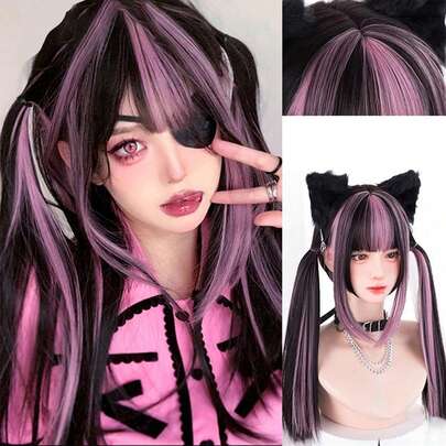 22英寸长黑色与红色混合合成假发角色扮演洛丽塔原宿假发带刘海万圣节日常假发