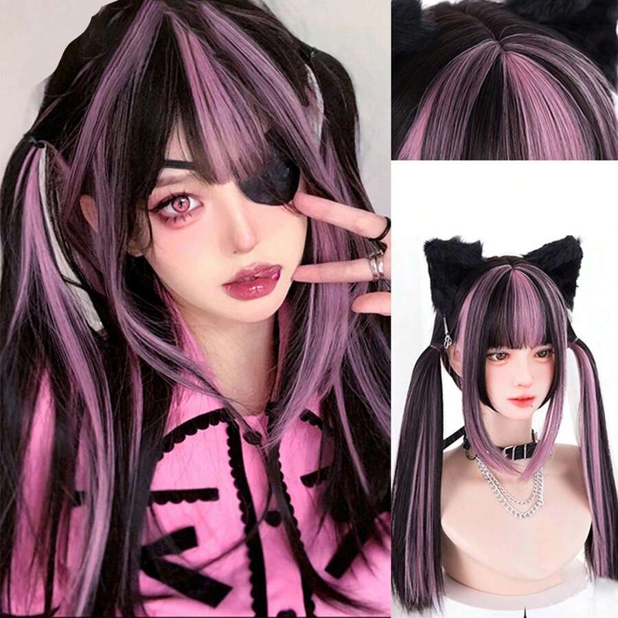 22英寸长黑色与红色混合合成假发角色扮演洛丽塔原宿假发带刘海万圣节日常假发 - 彩色 - 查看 1