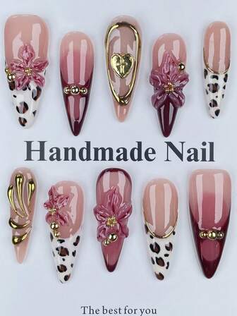 10pcs Leopard Print Nail Art Set, Y2K Style Long Pointed Acrylic Nail Stickers With 3D Line Art And Hand-Painted Floral Carvings, Cute Pink White Chrome Gold French Manicure, Glossy False Nails, Nail Art Design, Suitable For Women And Girls Halloween Nails