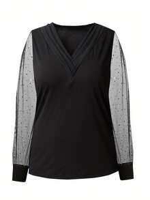 Plus Size V-Neck Mesh Long Sleeve T-Shirt, Fashionable For Commuting - Pure Black - View 3