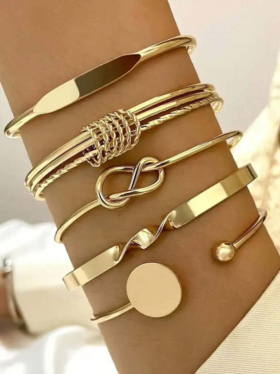 5pcs Gold-Plated Stackable Multi-Design Bangle Set, Jewelry With Infinity Details – Lightweight & Adjustable, Perfect For Daily/Office/Party/Vacation Looks, "Chic Elegant Shine" Must-Have - Gold - View 1