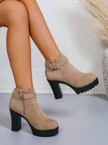 Giày bốt nữ cổ thấp đế dày bằng da lộn, gót chunky, có khóa kéo bên hông, mũi tròn, trang trí khóa cài, thời trang và thoải mái (Lưu ý: Giày có kích thước nhỏ hơn so với bình thường, vui lòng đặt hàng cho phù hợp), gót platform. - Lạc đà - Xem 3