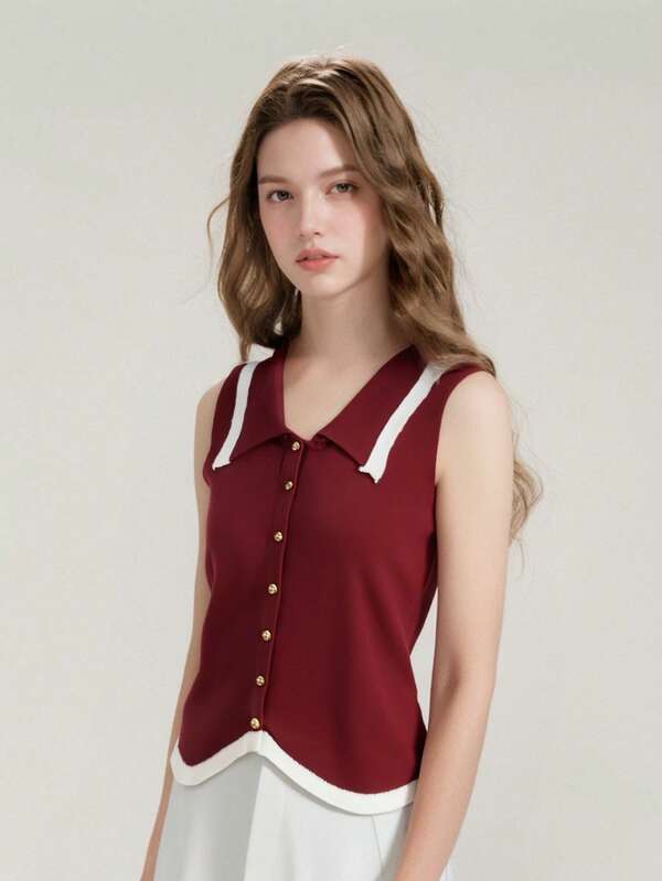 1 szt. czarno-biało-kamelowa kamizelka dzianinowa bez rękawów z kontrastowym kołnierzykiem, warstwowy krój, dopasowany krój