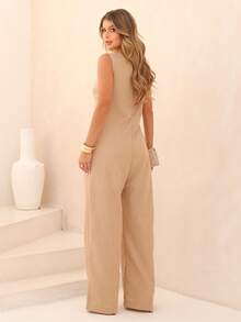 Elegant Linen Wide Leg Jumpsuit With Discreet Pockets - Nude - View 2