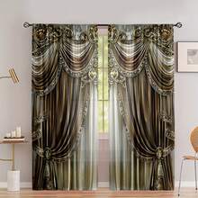 2pcs European Style Elegant Patchwork Pattern Home Textile Digital Printed Curtains, Easy To Hang Design For Privacy Protection, Suitable For Bedroom, Living Room, Kitchen, Study, Dining Room, Game Room, Essential Home Decor - Multicolor 2 - View 4