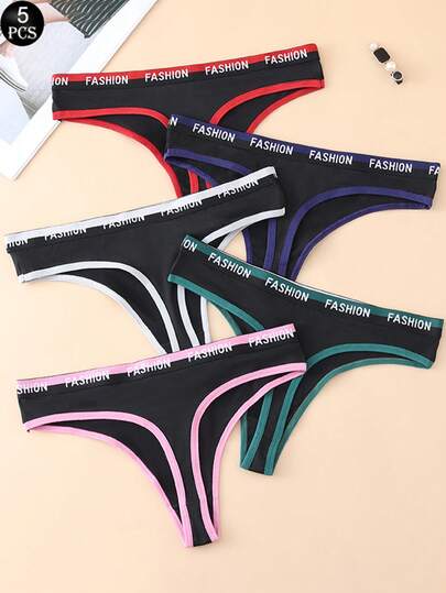 5pcs/Pack Solid Color Letter Decor Comfortable Daily Wear Women's Thong Panties