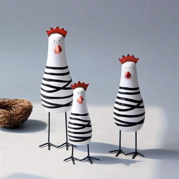 3 Stück Holz-Huhn-Ornamente, kleine Huhn-Figuren, 3er-Set, kleine Küchenfensterbank, witzige Heimdekoration, Skulptur, lustige Schreibtisch-Ornament