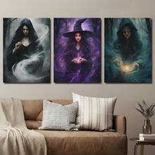 3 pièces Peinture de décoration d'Halloween sorcière de la forêt magique, affiches murales sur canevas, impression haute définition avec cadre en option, affiche rétro de l'académie sombre, décoration murale pour le salon et la chambre à coucher