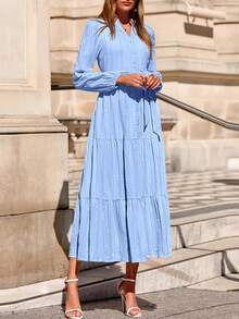Womens Fall Maxi Dresses Casual Long Sleeve V Neck Button Down Flowy A Line Tiered Shirt Dress With Pockets - Màu xanh nhạt - Xem 4