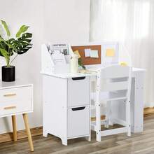 Kids Study Desk With Chair, Kids Desk And Chair Sets With Hutch, Storage Cabinet And And Bulletin Board, Wooden Children Study Table, Student Writing Table Computer Workstation - White - View 2