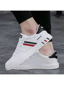 Men's Skateboard Shoes With Striped Design - PU Upper, Breathable Lining Fabric, Fabric Insole, PVC Non-Slip Outsole, Round Toe, Suitable For Casual Outdoor Wear In Autumn, Spring, Summer And Winter - Black and White - View 4