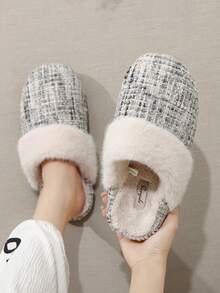 نعال نسائية قماشية، نعال مسطحة من الفرو مع بطانة ناعمة، مريحة وفضفاضة للارتداء داخل المنزل/خارجه