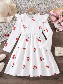 Left Mama Vestido blanco de manga larga con estampado floral y de cerezas elegante para niñas, primavera/otoño