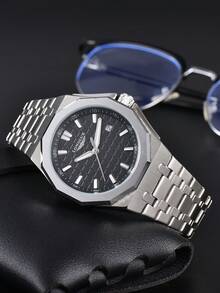 LONGLUX 1 件男士自动机械表带日历，蝴蝶扣钢带，防水，休闲简约设计 - 黑色 - 查看 6