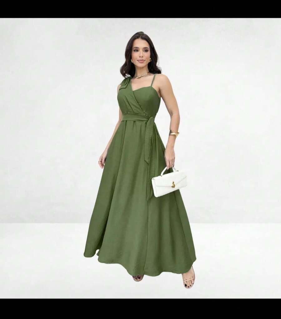Women's Long Dress With Wrap Neckline And Lastex Cup - Elegant For Parties, Weddings And Special Events - 軍綠色 - 查看 1