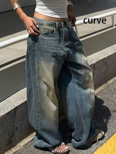 Plus Size Retro Casual Loose Straight Leg Denim Maxi Pants, Fashion & Versatile Spring Vacation