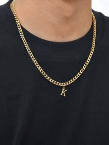 1pc Popular Classic Stainless Steel Letter Pendant Necklace, Men's Style - Gold-26 Letters - View 6