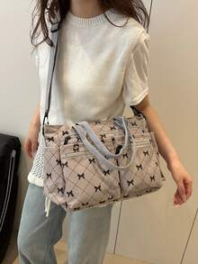 Sac fourre-tout à l'épaule minimaliste à la mode et grande capacité avec plusieurs poches, convient pour l'école, le travail, les voyages et les affaires, peut être porté en bandoulière - Gris - Voir 4