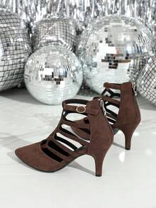 Fall/Winter Fashionable Pointed Toe Sexy Low-Cut Black Hollow-Out Versatile Back Zipper Stiletto High Heels, Elegant, Party