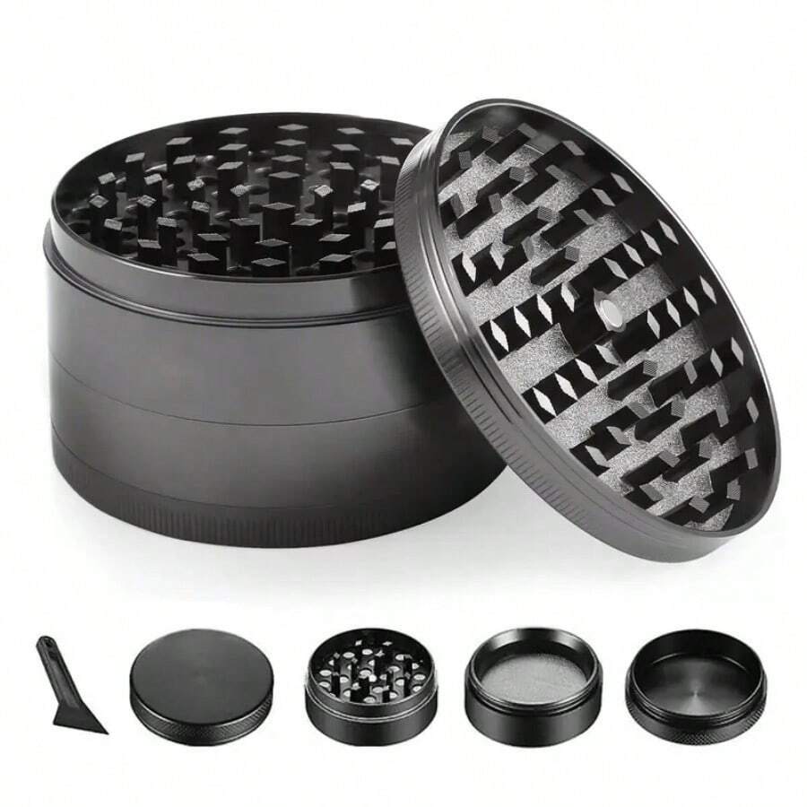1PC Four Layer Aluminum Alloy Manual Grinder With Unique And Personalized Appearance, Herb Spice Grinder, Durable Metal Mesh Screen, Commonly Used Tools And Accessories For Easy Carrying, Kitchen And Household Cleaning Products With Small Brushes - 黑色 - 查看 1