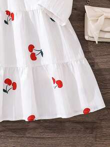 Left Mama Vestido blanco de manga larga con estampado floral y de cerezas elegante para niñas, primavera/otoño