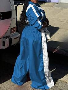 HERTALK Women's Two-Piece Colorblock Tracksuit Set Zippered Sweatshirt High-Waisted Wide-Leg Pants With Pockets Fall Clothes For Women - 藍色 - 查看 4