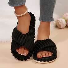 Womens Slippers Open Toe Indoor Memory Foam Slide Cross Band Outdoor - Black - View 8