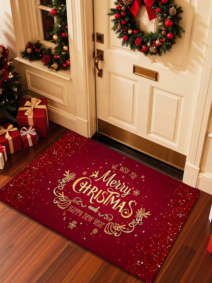 1 pezzo Zerbino rettangolare natalizio, realizzato in materiale poliestere morbido e finto lana - Zerbino per ingresso festivo realizzato a macchina, adatto per uso interno/esterno, lavabile in lavatrice - Decorazione natalizia con disegno di fiocchi di neve, glitter e renne, decorazione natalizia/arredamento per la casa